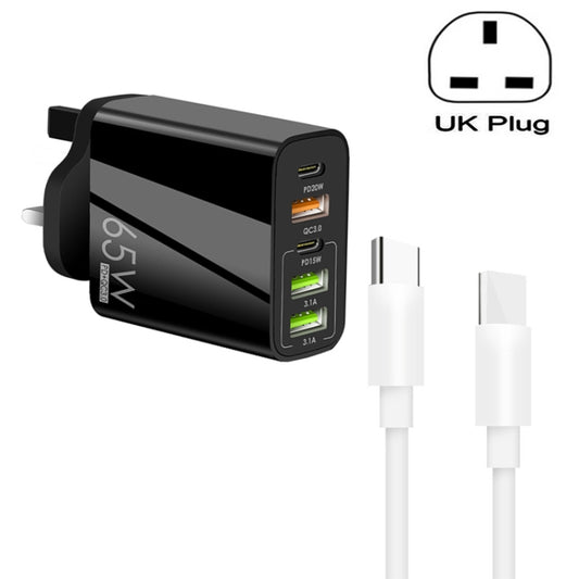 65W Dual PD Type-C + 3 x USB Multi Port Charger with 3A Type-C to Type-C Data Cable, UK Plug(Black) - USB Charger by buy2fix | Online Shopping UK | buy2fix