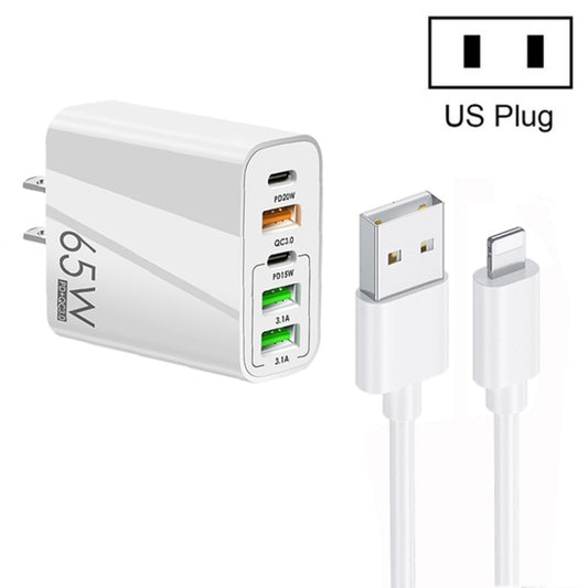 65W Dual PD Type-C + 3 x USB Multi Port Charger with 3A USB to 8 Pin Data Cable, US Plug(White) - USB Charger by buy2fix | Online Shopping UK | buy2fix