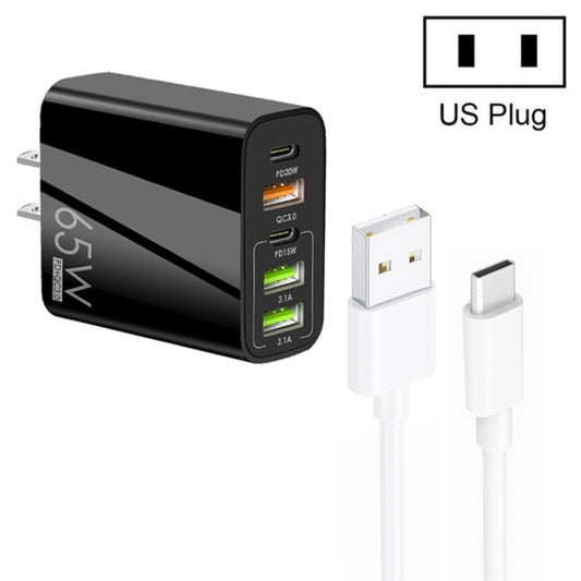 65W Dual PD Type-C + 3 x USB Multi Port Charger with 3A USB to Type-C Data Cable, US Plug(Black) - USB Charger by buy2fix | Online Shopping UK | buy2fix