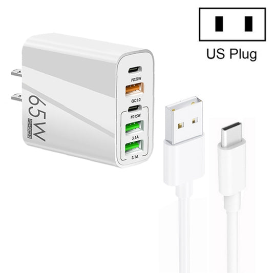 65W Dual PD Type-C + 3 x USB Multi Port Charger with 3A USB to Type-C Data Cable, US Plug(White) - USB Charger by buy2fix | Online Shopping UK | buy2fix