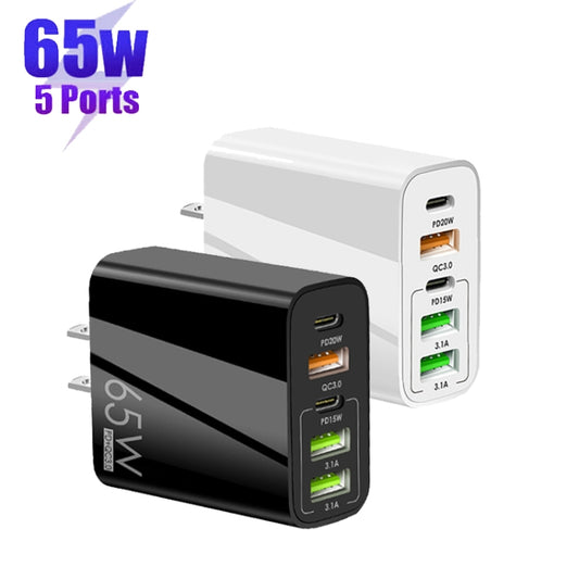 65W Dual PD Type-C + 3 x USB Multi Port Charger with 3A USB to Type-C Data Cable, US Plug(Black) - USB Charger by buy2fix | Online Shopping UK | buy2fix