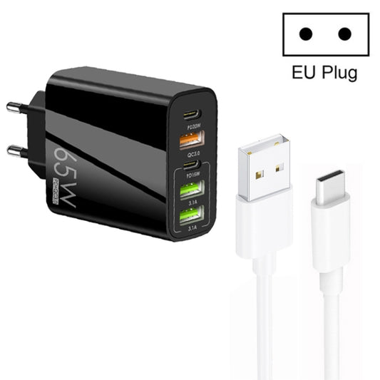 65W Dual PD Type-C + 3 x USB Multi Port Charger with 3A USB to Type-C Data Cable, EU Plug(Black) - USB Charger by buy2fix | Online Shopping UK | buy2fix