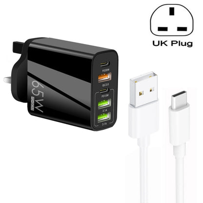 65W Dual PD Type-C + 3 x USB Multi Port Charger with 3A USB to Type-C Data Cable, UK Plug(Black) - USB Charger by buy2fix | Online Shopping UK | buy2fix