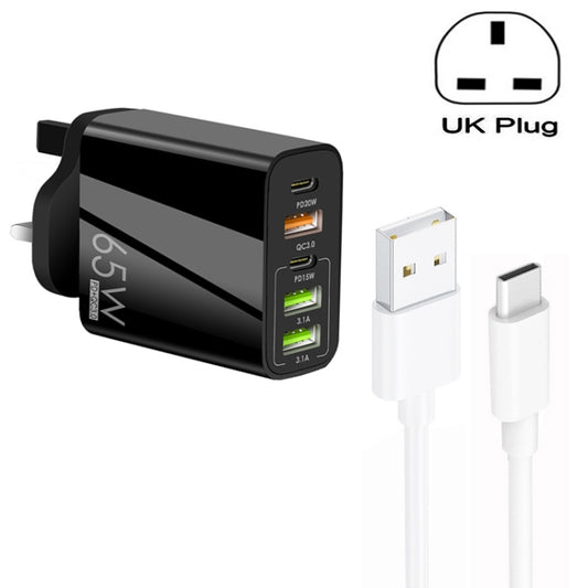 65W Dual PD Type-C + 3 x USB Multi Port Charger with 3A USB to Type-C Data Cable, UK Plug(Black) - USB Charger by buy2fix | Online Shopping UK | buy2fix