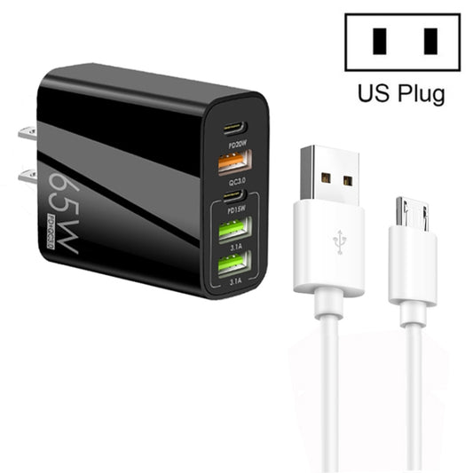 65W Dual PD Type-C + 3 x USB Multi Port Charger with 3A USB to Micro USB Data Cable, US Plug(Black) - USB Charger by buy2fix | Online Shopping UK | buy2fix