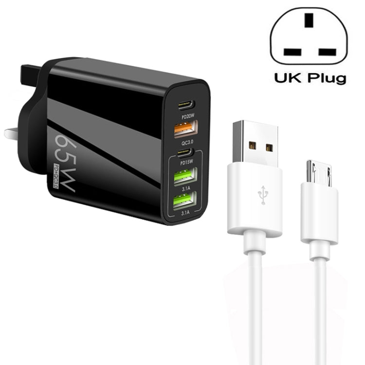 65W Dual PD Type-C + 3 x USB Multi Port Charger with 3A USB to Micro USB Data Cable, UK Plug(Black) - USB Charger by buy2fix | Online Shopping UK | buy2fix