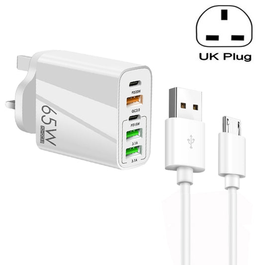 65W Dual PD Type-C + 3 x USB Multi Port Charger with 3A USB to Micro USB Data Cable, UK Plug(White) - USB Charger by buy2fix | Online Shopping UK | buy2fix