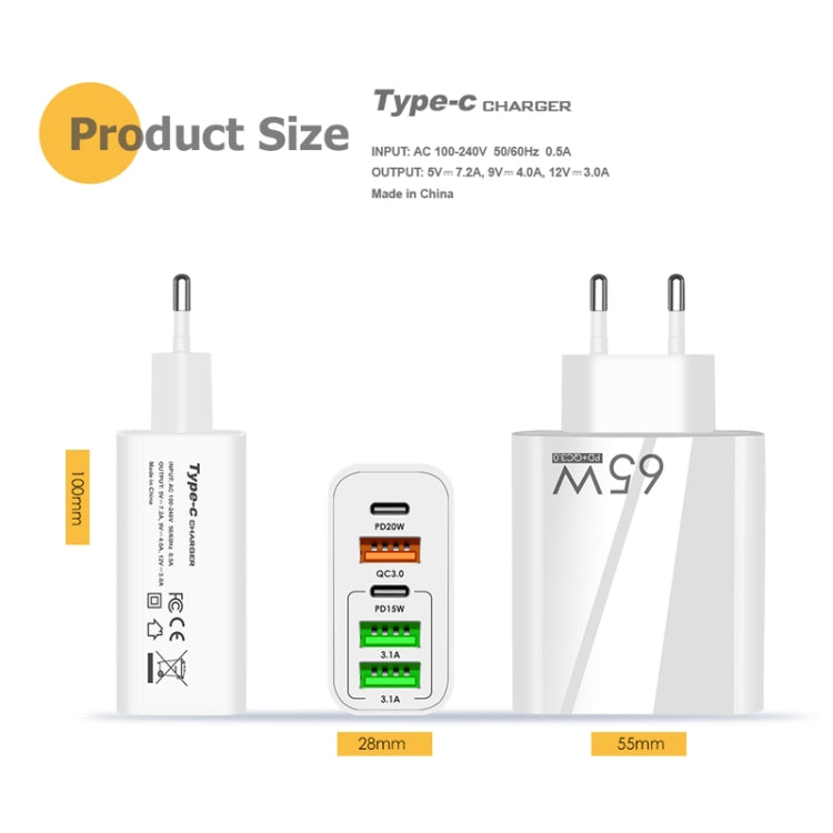 65W Dual PD Type-C + 3 x USB Multi Port Charger with 3A USB to Micro USB Data Cable, UK Plug(Black) - USB Charger by buy2fix | Online Shopping UK | buy2fix