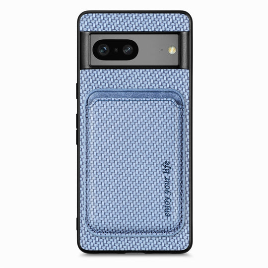 For Google Pixel 7 Carbon Fiber Leather Card Magsafe Phone Case(Blue)