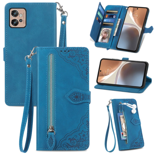 For Motorola Moto G32 Embossed Flower Zipper Leather Phone Case(blue) - Motorola Cases by buy2fix | Online Shopping UK | buy2fix
