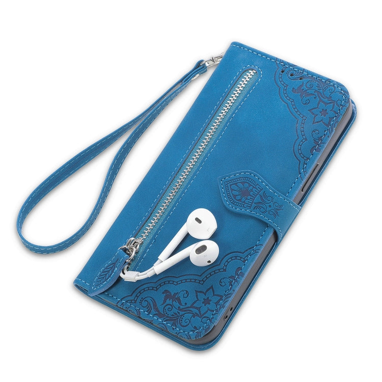 For Motorola Moto G32 Embossed Flower Zipper Leather Phone Case(blue) by buy2fix