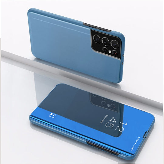 Pour Samsung Galaxy S23 Ultra 5G Étui de téléphone en cuir miroir plaqué avec support (bleu)