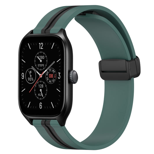 For Amazfit GTS 4 20mm Folding Magnetic Clasp Silicone Watch Band(Olive Green + Black) - Watch Bands by buy2fix | Online Shopping UK | buy2fix