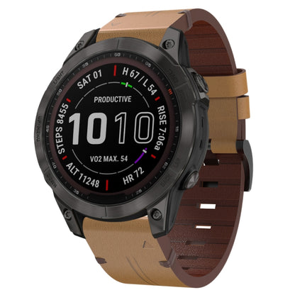 For Garmin Fenix 7 22mm Leather Steel Buckle Watch Band (Light Brown) - Watch Bands by buy2fix | Online Shopping UK | buy2fix