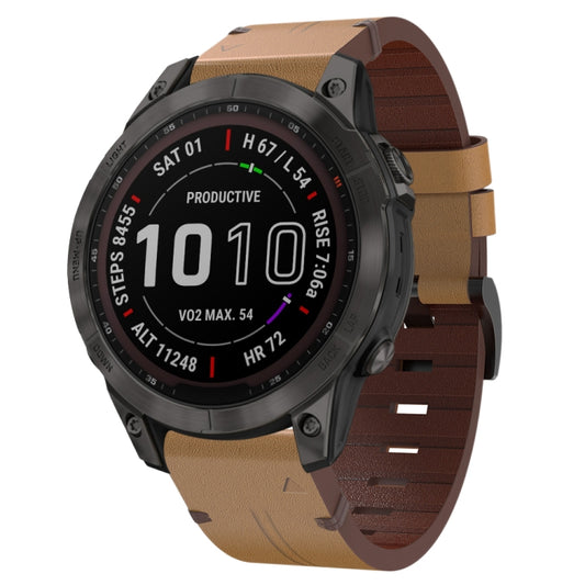 For Garmin Fenix 7 22mm Leather Steel Buckle Watch Band (Light Brown) - Watch Bands by buy2fix | Online Shopping UK | buy2fix