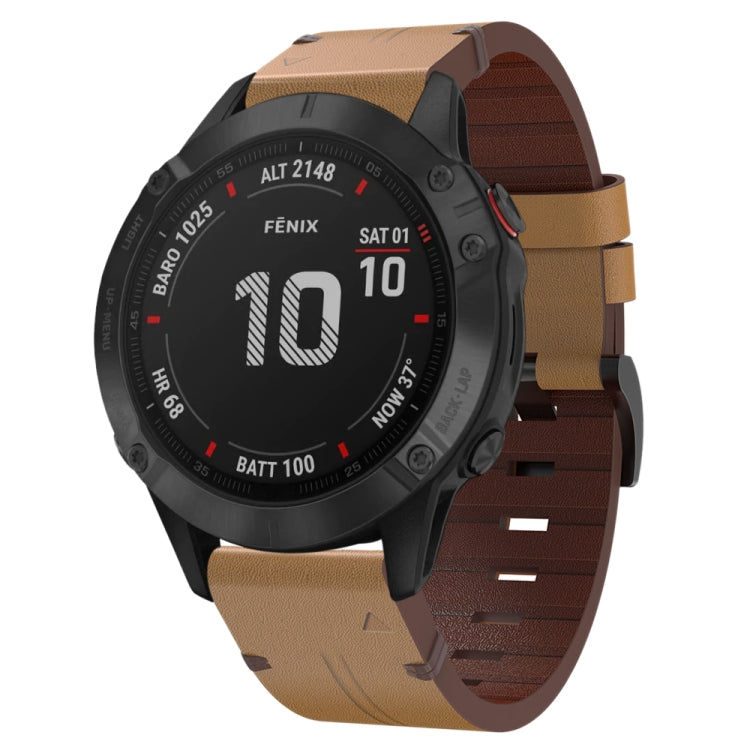 For Garmin Fenix 6 Pro GPS 22mm Leather Steel Buckle Watch Band (Light Brown) - Watch Bands by buy2fix | Online Shopping UK | buy2fix