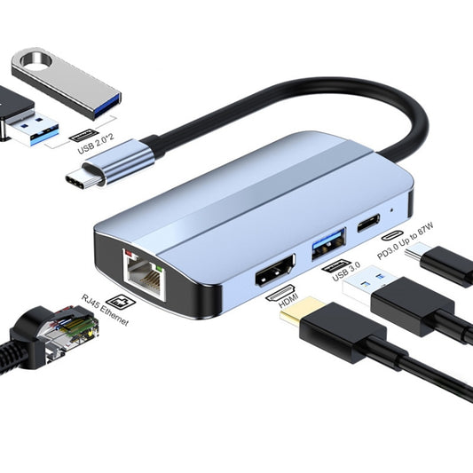 JUNSUNMAY 6 in 1 Type-C to 4K HDMI / Ethernet Docking Station Adapter USB-C Hub Multiport Converter - USB HUB by JUNSUNMAY | Online Shopping UK | buy2fix