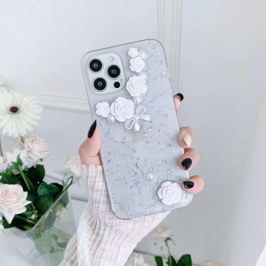 For iPhone 13 mini 3D Pearl Bow Rose Glitter Epoxy TPU Phone Case(White) - iPhone 13 mini Cases by buy2fix | Online Shopping UK | buy2fix