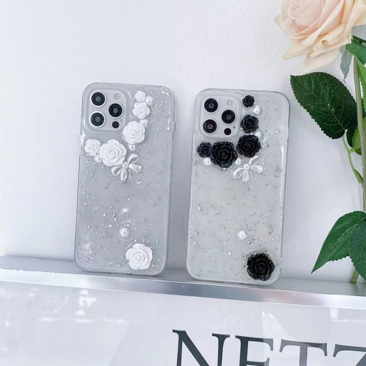 For iPhone 13 mini 3D Pearl Bow Rose Glitter Epoxy TPU Phone Case(White) - iPhone 13 mini Cases by buy2fix | Online Shopping UK | buy2fix