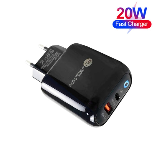 PD04 PD20W Type-C + QC18W USB Mobile Phone Charger with LED Indicator, EU Plug(Black) - USB Charger by buy2fix | Online Shopping UK | buy2fix