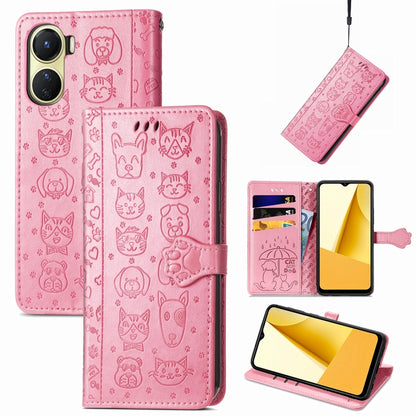 For vivo Y16 Cat and Dog Embossed Leather Phone Case(Pink) - vivo Cases by buy2fix | Online Shopping UK | buy2fix