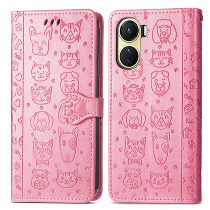 For vivo Y16 Cat and Dog Embossed Leather Phone Case(Pink) - vivo Cases by buy2fix | Online Shopping UK | buy2fix