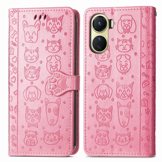 For vivo Y16 Cat and Dog Embossed Leather Phone Case(Pink) - vivo Cases by buy2fix | Online Shopping UK | buy2fix