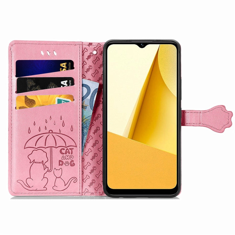 For vivo Y16 Cat and Dog Embossed Leather Phone Case(Pink) - vivo Cases by buy2fix | Online Shopping UK | buy2fix