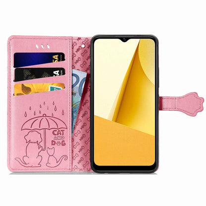 For vivo Y16 Cat and Dog Embossed Leather Phone Case(Pink) - vivo Cases by buy2fix | Online Shopping UK | buy2fix
