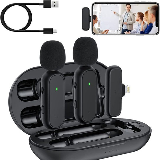 Microphone Lavalier sans fil, paquet de 2, Microphone à réduction de bruit sans fil avec étui de chargement
