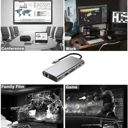 USB C HUB, USB C Adapter 11 in 1 Dongle with 4K HDMI, VGA, Type C PD, USB3.0, RJ45 Ethernet, SD/TF Card Reader, 3.5mm AUX, Docking Station Compatible with MacBook Pro/Air, Other Type C Laptops Devices - Adapter by buy2fix | Online Shopping UK | buy2fix