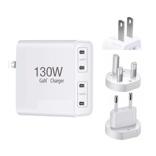 GaN130W 4-Port USB-C PD65W / PD30W Multi Port Type-C Charger for Notebook Series, EU / UK / US Plug