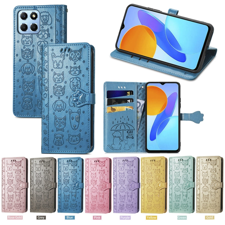 For Honor X8 5G Cute Cat and Dog Embossed Leather Phone Case(Blue) - Honor Cases by buy2fix | Online Shopping UK | buy2fix