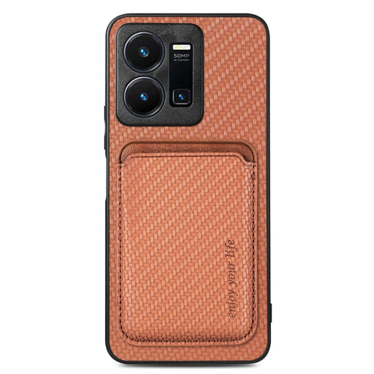 For vivo Y35 Carbon Fiber Leather Card Magsafe Case(Brown) - vivo Cases by buy2fix | Online Shopping UK | buy2fix