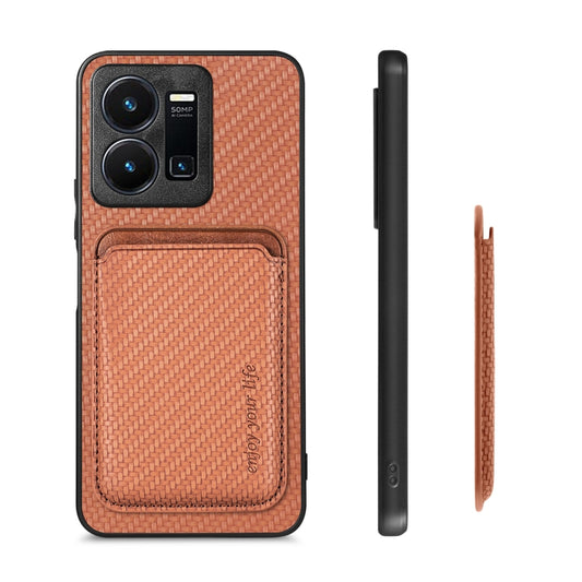 For vivo Y35 Carbon Fiber Leather Card Magsafe Case(Brown) - vivo Cases by buy2fix | Online Shopping UK | buy2fix