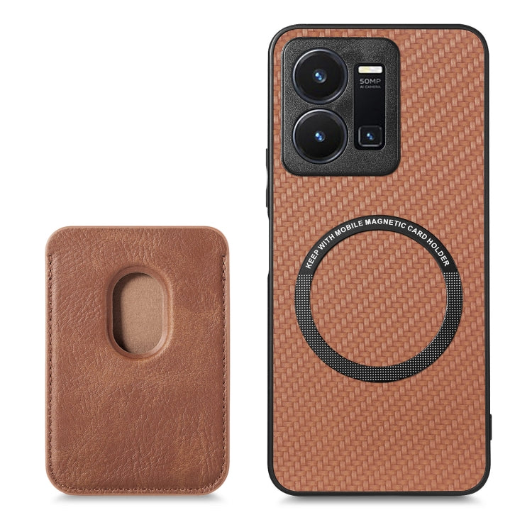 For vivo Y35 Carbon Fiber Leather Card Magsafe Case(Brown) - vivo Cases by buy2fix | Online Shopping UK | buy2fix