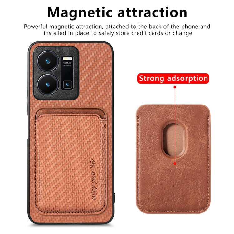 For vivo Y35 Carbon Fiber Leather Card Magsafe Case(Brown) - vivo Cases by buy2fix | Online Shopping UK | buy2fix