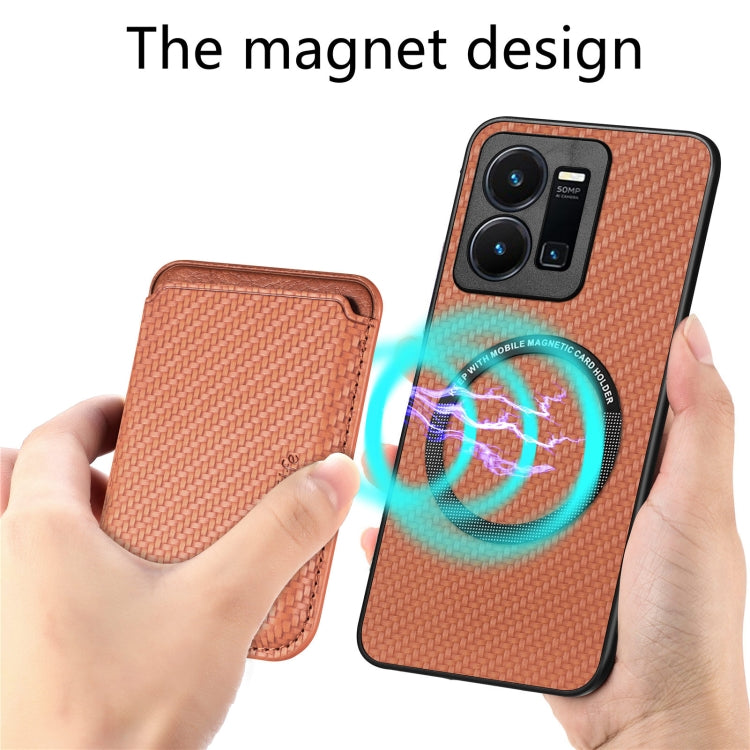 For vivo Y35 Carbon Fiber Leather Card Magsafe Case(Brown) - vivo Cases by buy2fix | Online Shopping UK | buy2fix