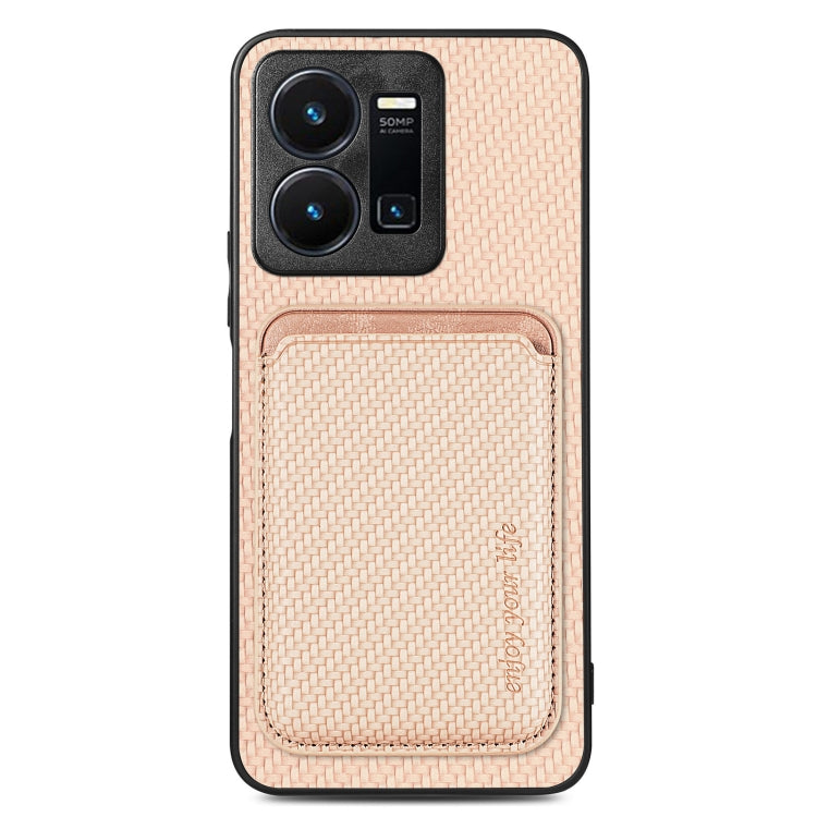 For vivo Y35 Carbon Fiber Leather Card Magsafe Case(Khaki) - vivo Cases by buy2fix | Online Shopping UK | buy2fix