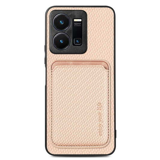For vivo Y35 Carbon Fiber Leather Card Magsafe Case(Khaki) - vivo Cases by buy2fix | Online Shopping UK | buy2fix