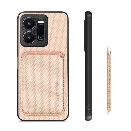 For vivo Y35 Carbon Fiber Leather Card Magsafe Case(Khaki) - vivo Cases by buy2fix | Online Shopping UK | buy2fix