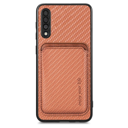 For Samsung Galaxy A50 Carbon Fiber Leather Card Magsafe Case(Brown)