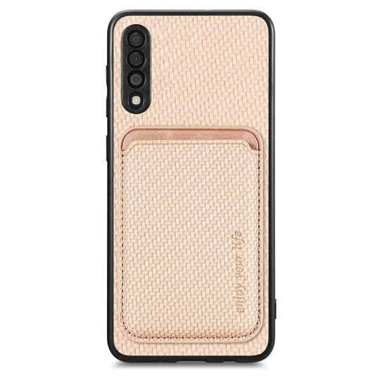 For Samsung Galaxy A50 Carbon Fiber Leather Card Magsafe Case(Khaki)