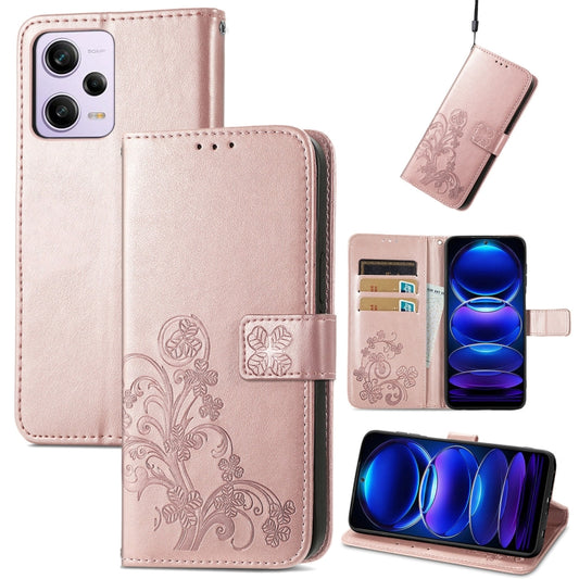 For Xiaomi Redmi Note 12 5G Global Four-leaf Clasp Embossed Buckle Leather Phone Case(Rose Gold) by buy2fix