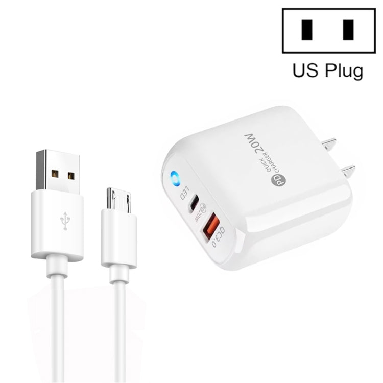 PD04 Type-C + USB Mobile Phone Charger with USB to Micro USB Cable, US Plug(White) by buy2fix