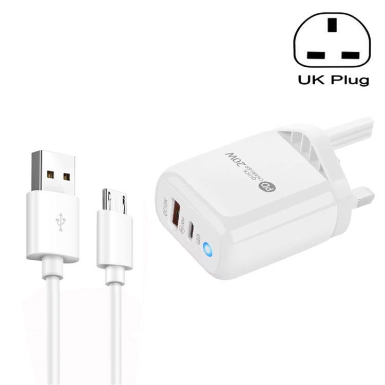 PD04 Type-C + USB Mobile Phone Charger with USB to Micro USB Cable, UK Plug(White) by buy2fix
