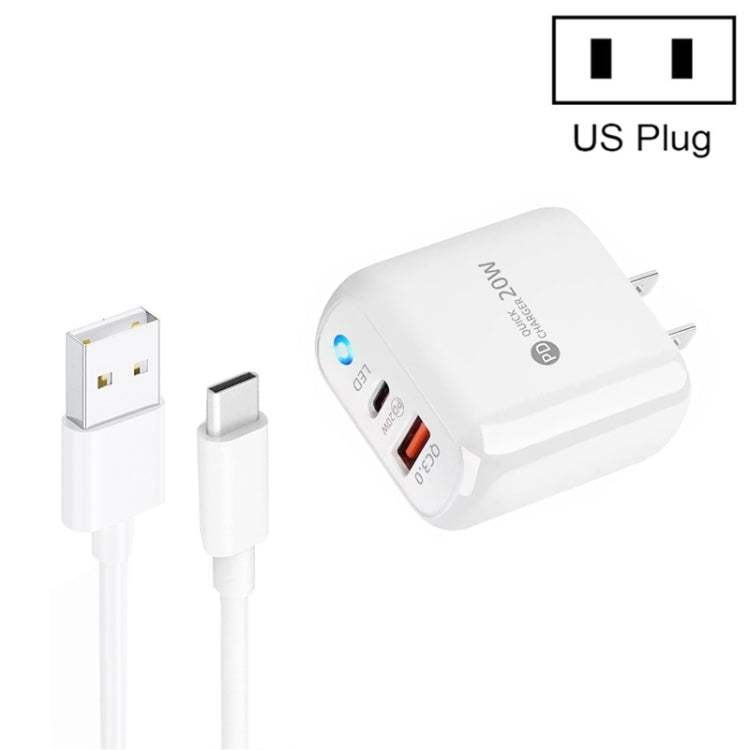 PD04 Type-C + USB Mobile Phone Charger with USB to Type-C Cable, US Plug(White) by buy2fix