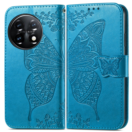 For OnePlus 11 Butterfly Love Flower Embossed Flip Leather Phone Case(Blue) - OnePlus Cases by buy2fix | Online Shopping UK | buy2fix