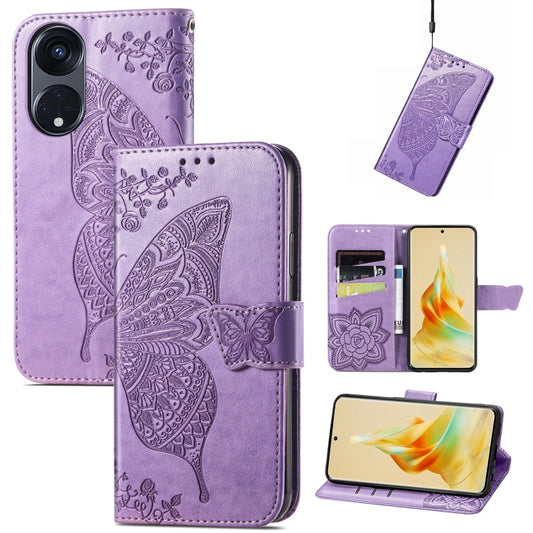 For OPPO Reno8 T 5G Butterfly Love Flower Embossed Flip Leather Phone Case(Light Purple) - OPPO Cases by buy2fix | Online Shopping UK | buy2fix