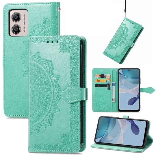 Pour Motorola Moto G53 5G Étui de téléphone en cuir à rabat horizontal en relief avec fleur de mandala (vert)